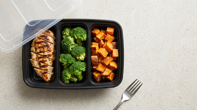 Overhead view of meal prep container with grilled chicken, broccoli and roasted sweet potato on a light concrete surface, strength training diet, copy space 