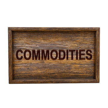 Commodities text on a weathered brown wooden sign, isolated on transparent background