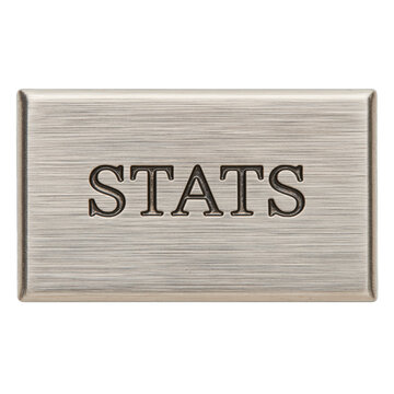 Stats embossed on a rectangular brushed steel nameplate badge, isolated on transparent background