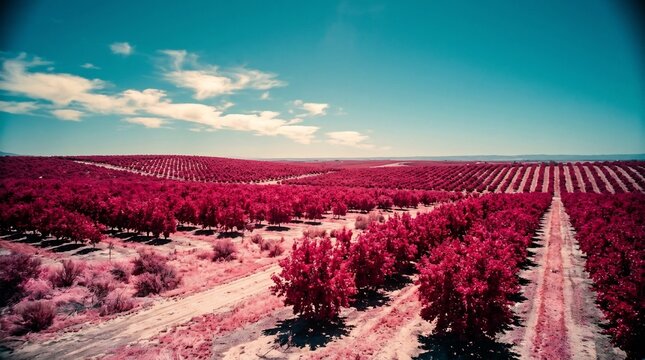 Infrared orchard landscape with vibrant red fruit trees stretching across hills, celebrating sustainable plant-based agriculture and organic farming for World Vegan Day.