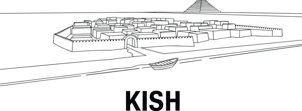 Ancient city of Kish with ziggurat temple and fortified walls near river in Mesopotamia line drawing