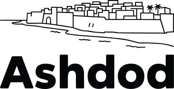Ashdod city skyline outline drawing with palm trees on the Mediterranean coast of Israel black white