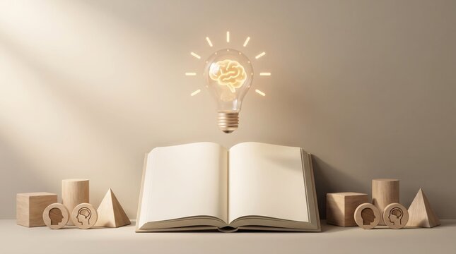 Glowing light bulb with an internal brain symbol hovers above an open book surrounded by wooden geometrical shapes