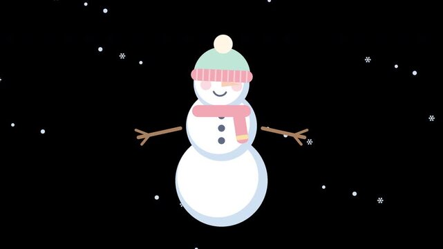 A cheerful pastel snowman wearing a knitted winter beanie and scarf waves its stick arms while snow falls against a soft background