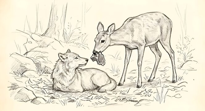 
Vintage pencil sketch of deer offering food to resting wolf in forest clearing