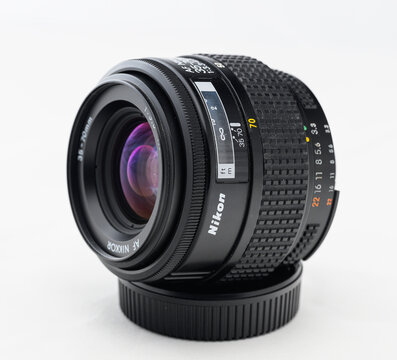 Gothenburg, Sweden - september 11 2026: Angled view of vintage Nikon AF Nikkor 35-70mm zoom lens.
