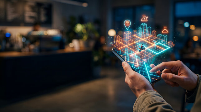Food delivery service tracking concept with smartphone and glowing city map holographic interface
