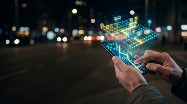 GPS navigation map and route tracking concept with smartphone and glowing holographic interface
