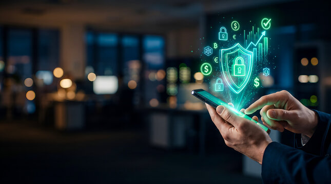 Cybersecurity protection concept with glowing shield and padlock icons on smartphone screen
