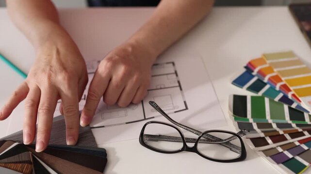 Designer compares wood veneer textures with a veneer fan to shape interior material concept