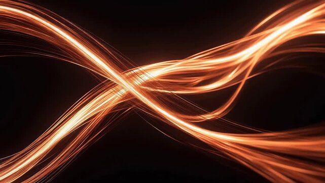 Abstract glowing copper light waves flowing and intertwining against a black background in smooth, continuous motion.