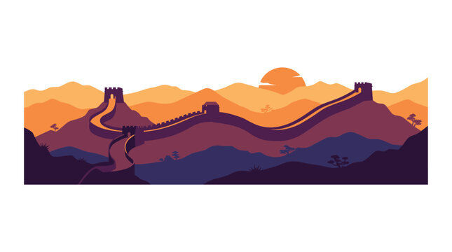 Panoramic illustration of the Great Wall of China winding through mountain ridges at sunset, featuring stone watchtowers and a warm orange sky in a stylized vector graphic art style.