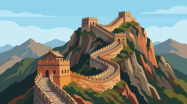 Stylized vector illustration of the Great Wall of China winding along steep mountain ridges under a clear blue sky with watchtowers and lush green vegetation on hillsides.
