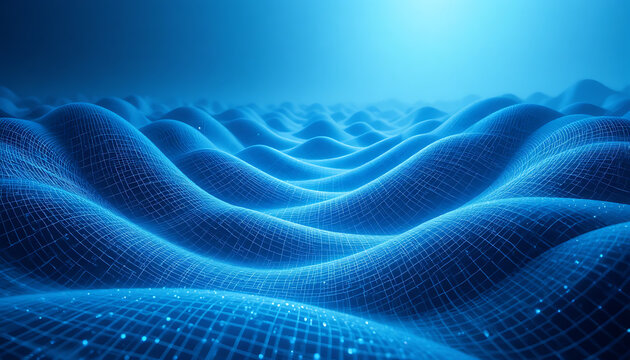 Abstract glowing blue grid waves representing digital data flow