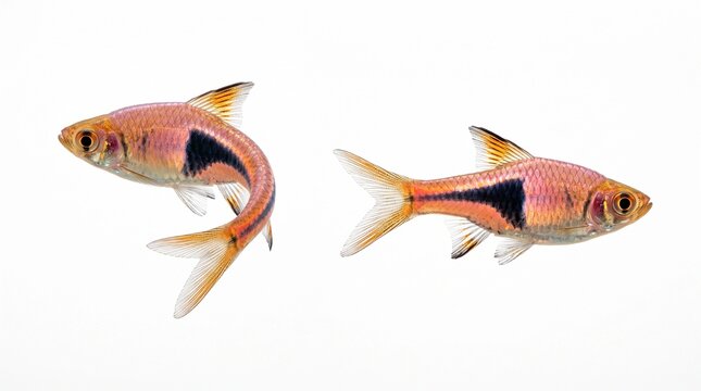 Two harlequin rasboras swimming isolated on a white background