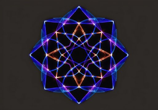 Abstract glowing geometric star pattern with blue and purple neon light lines