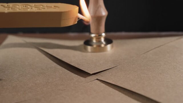 A hand ignites the wick of a gold sealing wax stick. The burning stick is held over a kraft envelope and melted wax drips onto the flap, a brass stamp behind.