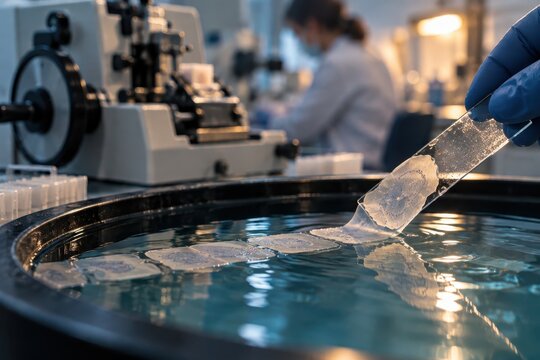 A blue-gloved hand lifts a transparent sample from a water bath beside laboratory equipment. A blurred worker and instruments are visible in the background under indoor lighting