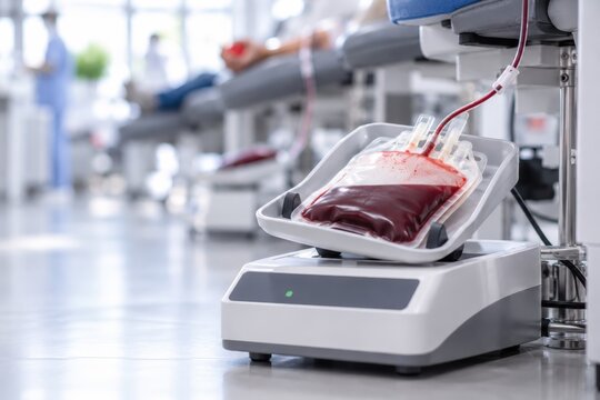 A blood bag rests on a collection device with tubing attached in a medical laboratory. Equipment and work surfaces are visible in the background