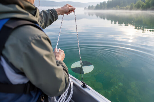 A person in outdoor clothing lowers a circular viewing device into clear lake water from the side of a boat. Forested shores and mountain slopes are visible across the lake in daylight