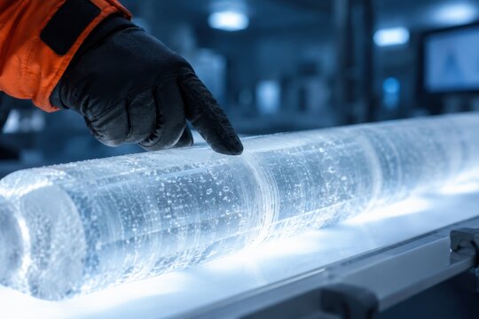 A researcher in an orange sleeve points at a cylindrical ice core resting on a workbench. The core has visible bubbles and layers, with laboratory equipment in the background