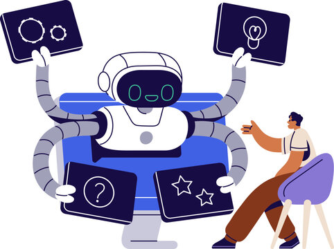 AI robot assistant supporting online. Chatterbot and customer communication, chatbot help. Artificial&nbsp;intelligence technology concept. Flat graphic vector illustration isolated on white background