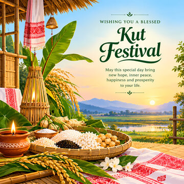 Happy kut festival design featuring harvest grains and sunrise view