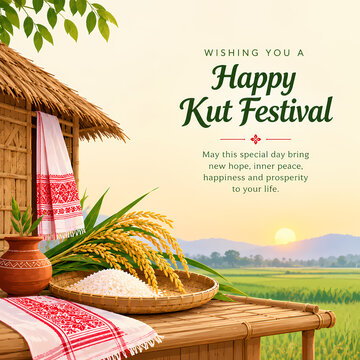 Happy kut festival greeting with harvest rice and traditional hut