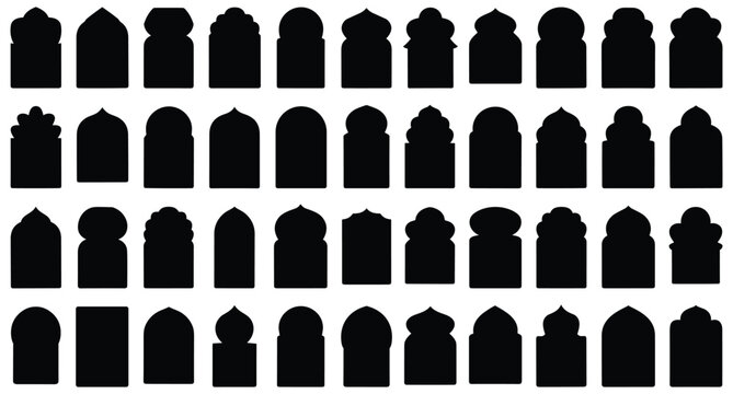 Black silhouette arabic window and arch icons for islamic design and mosque architecture