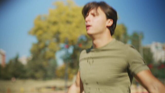 Man jumps rope in a park, maintaining a focused cardio workout for fitness, endurance and outdoor training.