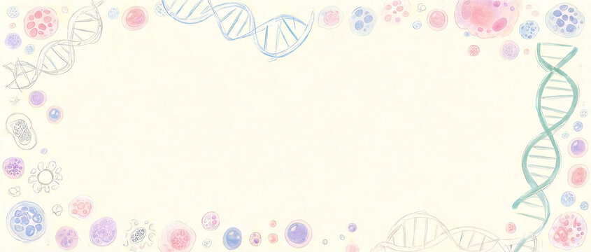Hand drawn science research border frame background with copy space for laboratory website header, genetics education presentation backdrop, medical study banner, and biology online course
