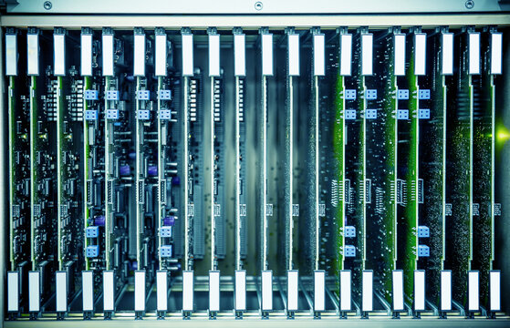 Telecommunications switching equipment with modular circuit boards and electronic line cards inside network chassis for broadband infrastructure and digital data transmission.