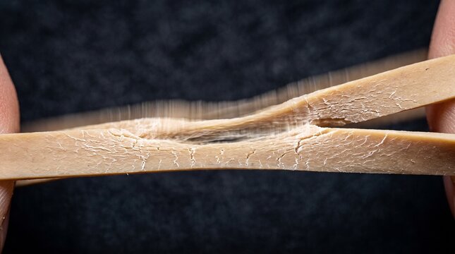 Macro shot of a light-skinned person's fingers stretching an old dry cracked rubber band to the breaking point against a dark background, illustrating physical tension and fragility