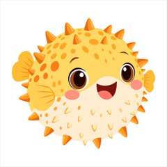 Cute yellow cartoon pufferfish with orange spikes, spotted round body, large brown eyes and a cheerful smiling face. © Oksana