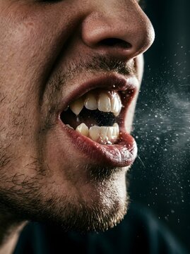 Extreme close up of man's open mouth in profile with stubble, teeth and lips exploding with saliva droplets and spray mid speech, plosive consonant pronunciation, high speed macro on dark background