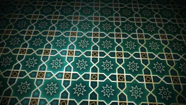 Islamic geometric pattern golden eight pointed star tiling blooming from center morphing and dissolving on emerald glass