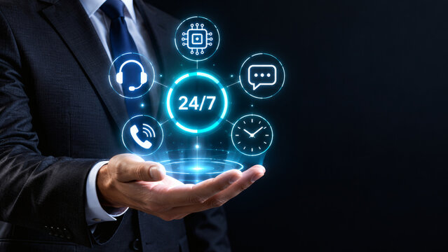Businessman holding glowing 24 7 customer service hologram with technical support icons and artificial intelligence helpline interface for nonstop corporate assistance