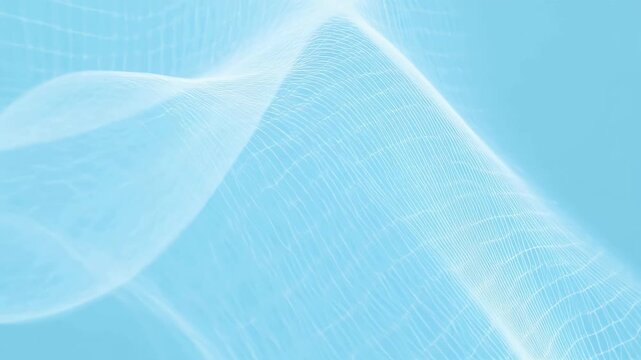 Abstract white wireframe mesh flowing in smooth waves against a soft light blue background.