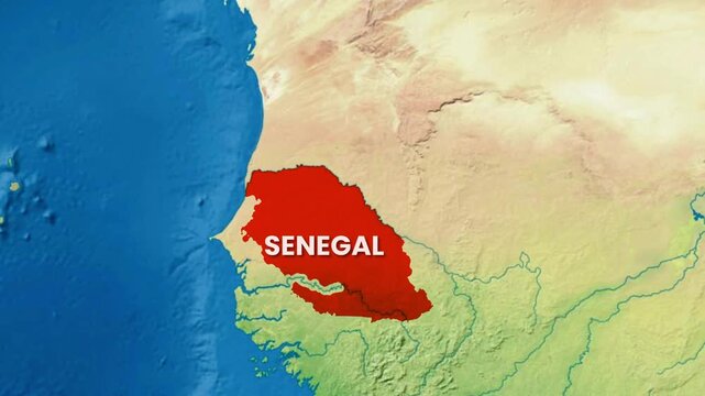 Animated 3D topographic relief map of West Africa zooming out to highlight the country of Senegal in vivid red coloration with bold white label text in professional geographical presentation