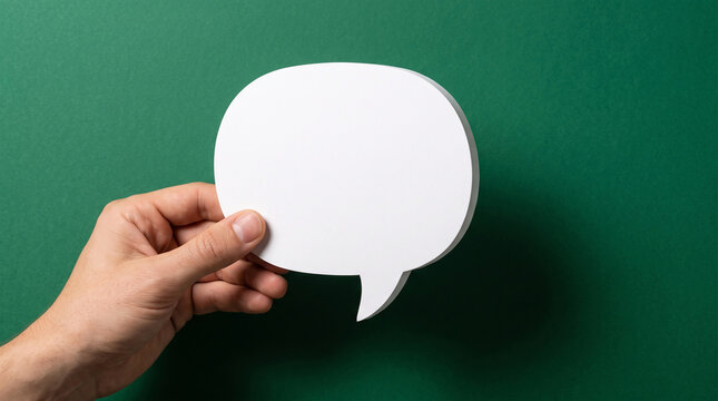 One hand holding white blank speech bubble against rich emerald-green backdrop, clean commercial mockup. Communication concept. Close-up.