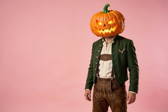 A man in traditional Bavarian loden jacket and leather trousers with a carved glowing Halloween pumpkin head stands against a soft pastel pink background