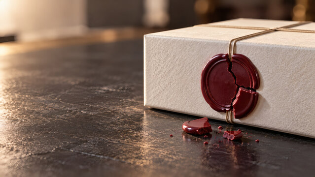 Broken red wax seal on elegant gift box parcel with twine string representing security breach confidentiality leak privacy tamper or opened secret delivery package
