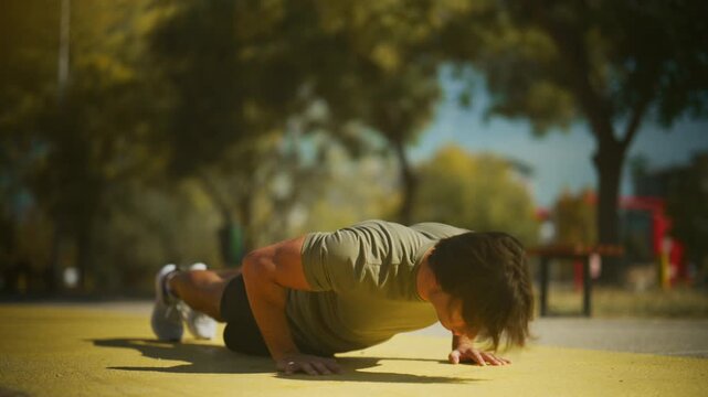 Young man performs push ups and burpees on a sunny outdoor track during bodyweight fitness training.