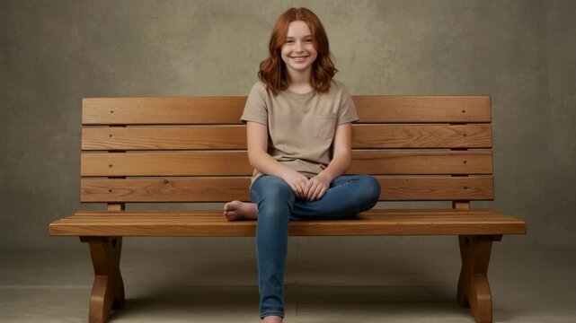 Young girl sitting and smiling on a wooden bench against a neutral background  