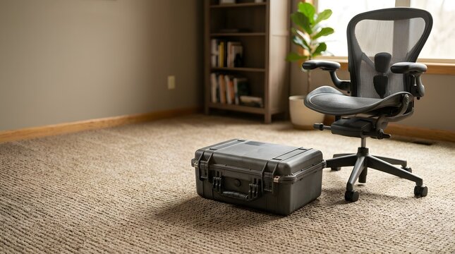 Protective hard case and ergonomic office chair on carpeted room floor