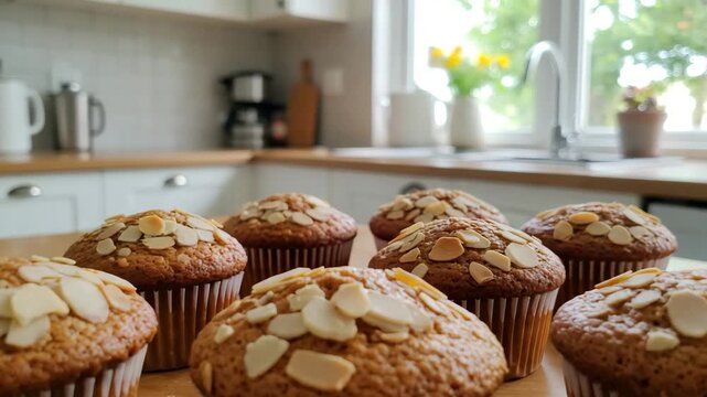 Freshly baked muffins topped with almonds in a bright kitchen  