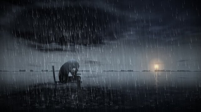 Depression Concept Lonely Person Head In Hands Under Dark Storm Cloud and Heavy Rain Cinematic Animation