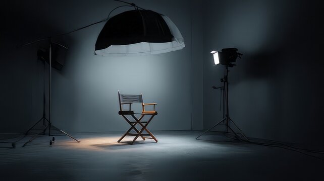 Director chair in professional film studio, cinematic studio lighting equipment with softbox, empty folding chair under spotlight for casting interview
