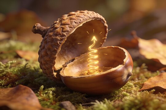 A split open acorn reveals a tiny glowing golden growth spiral inside on soft moss and fallen leaves symbolizing seed investment and future growth