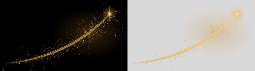 Gold glitter comet streak with a shining star at the end and scattered sparkling dust, on black and transparent gray. Magic wand trail, shooting star swoosh and golden particle glow, vector © Vector Design